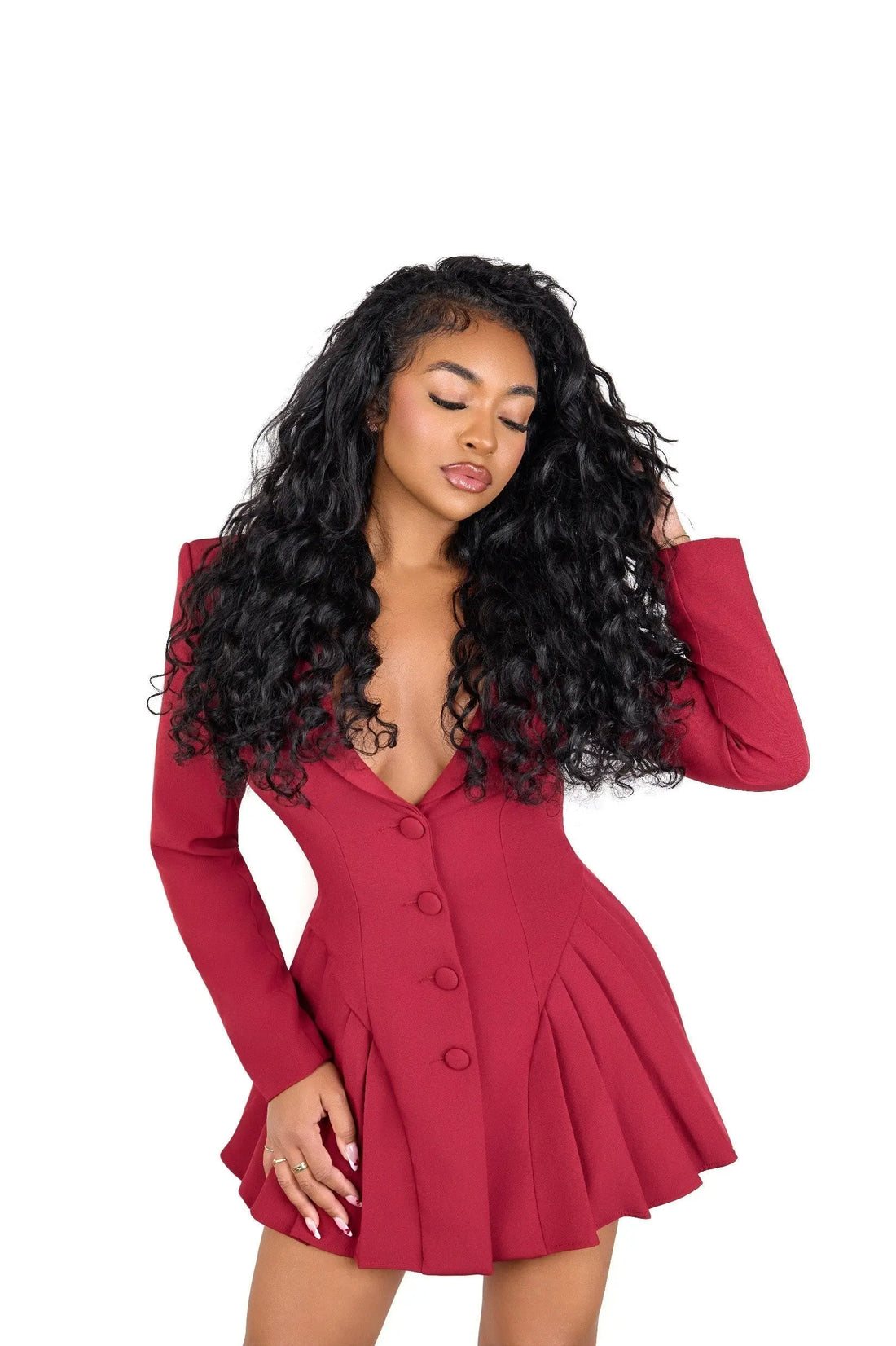 Woman wearing True + Pure Texture Island Wave loose wave hair extensions with soft silky movement and natural texture.