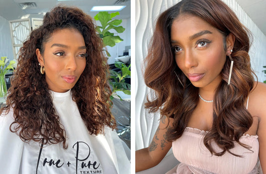 Double image showing woman with curly to straight transformation wearing Island Curl True + Pure Texture extensions showcasing versatility with deep curly texture on the left and sleek, straight style on the right