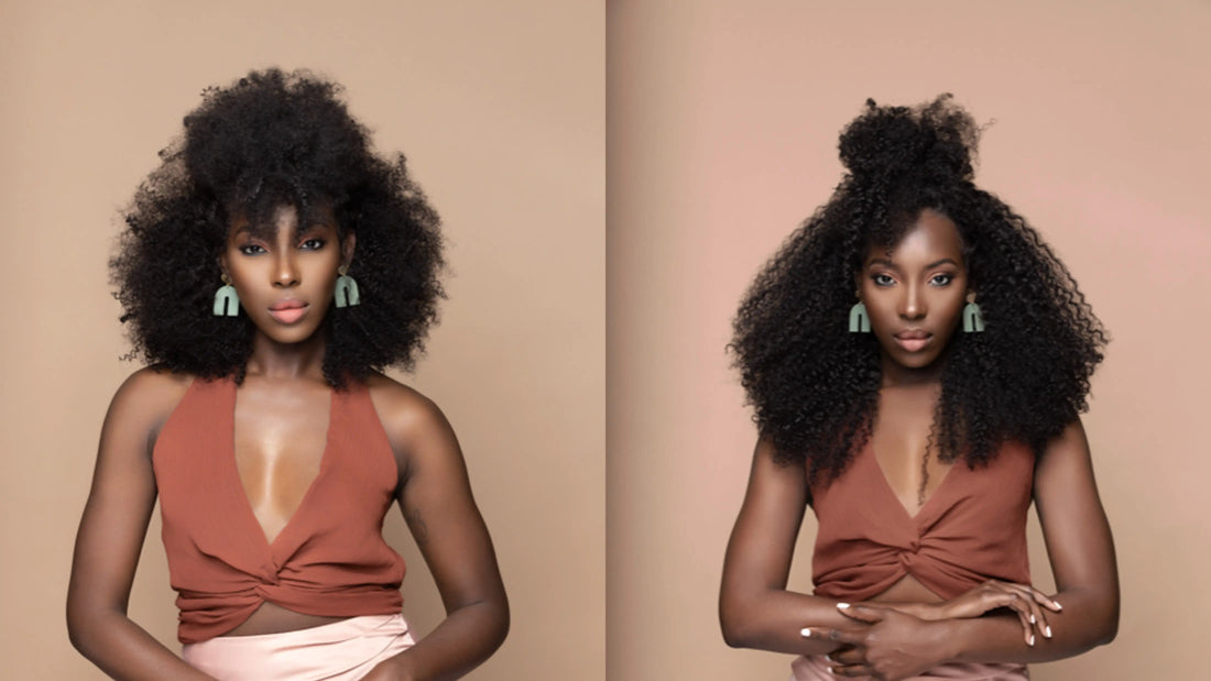 Model wearing True + Pure Texture Layla Curl kinky curly 4A hair extensions and Jasmine Coil afro kinky curly 4B 4C hair extensions