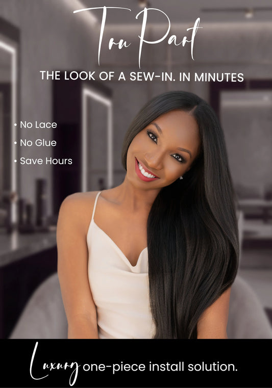 Model wearing TruPart Wig Relaxed Natural Blowout Kinky Straight - look of a sew-in in minutes. U-Part Wig V-Part Wig