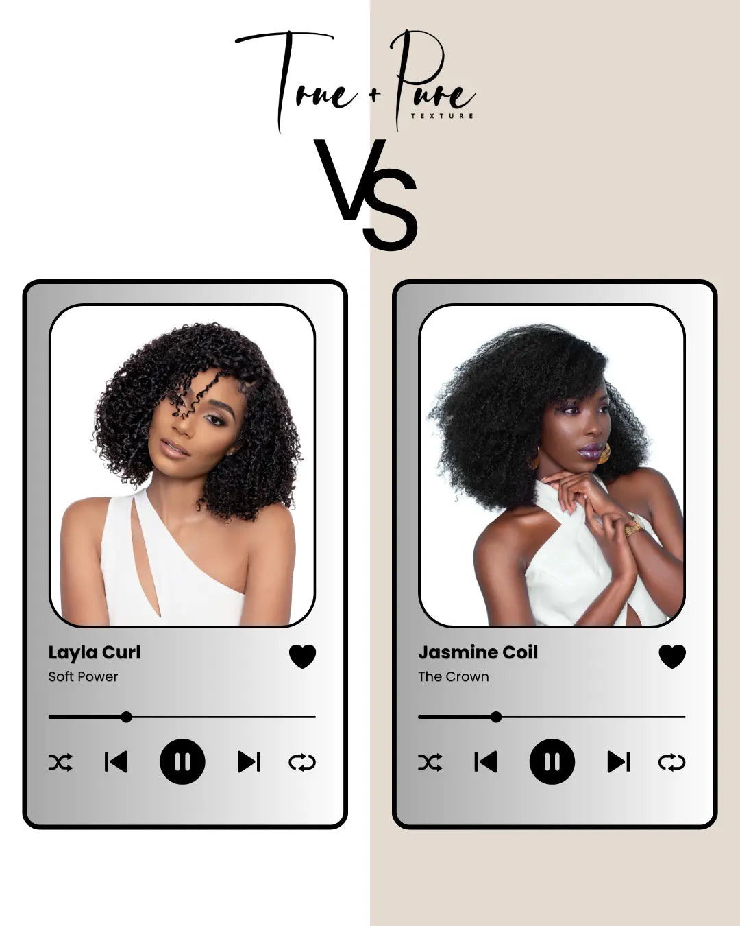 The Differences between True + Pure Texture Hair Extensions Layla Curl 4A 4B Coily Curly Hair Extensions versus and compared to Jasmine Coil 4b 4c afro kinky coily curly hair extensions for tight curl type 4 hair extensions