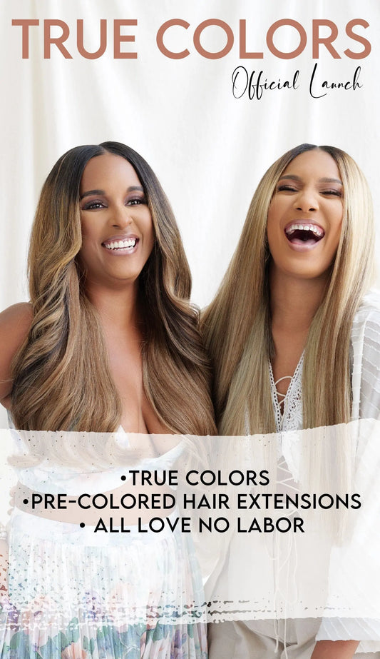Two women smiling and posing together wearing True + Pure Texture pre-colored hair extensions. One woman wears long blonde relaxed natural extensions, and the other wears long blonde-brown relaxed natural extensions. 