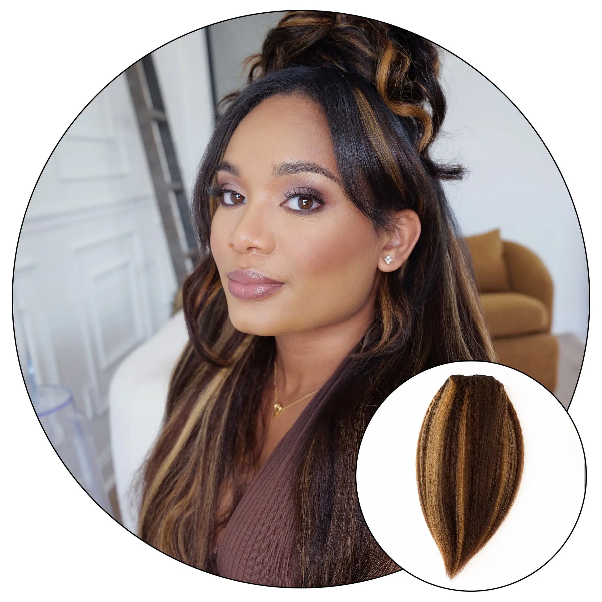 True and Pure Texture woman wearing Brown Blonde 27/4 relaxed natural kinky straight hair extensions with highlighted blonde streaks and closure inset