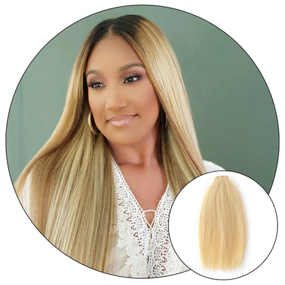 True and Pure Texture Blonde Blonde 613 relaxed natural kinky straight hair extensions on model with product weft inset showing texture for natural hair