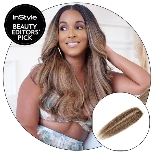 Blonde Brown 4/27 relaxed natural kinky true-to-texture 4x4 lace closure hair extensions, featuring a pure textured finish with dimensional brown-to-blonde ombré on Black hair — an InStyle Beauty Editors’ Pick.