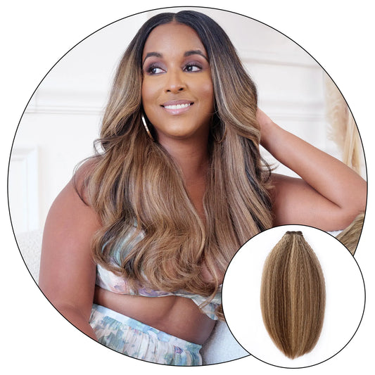 True and Pure Texture Blonde Brown 4/27 relaxed natural kinky straight hair extensions on model with product weft inset for textured natural hair
