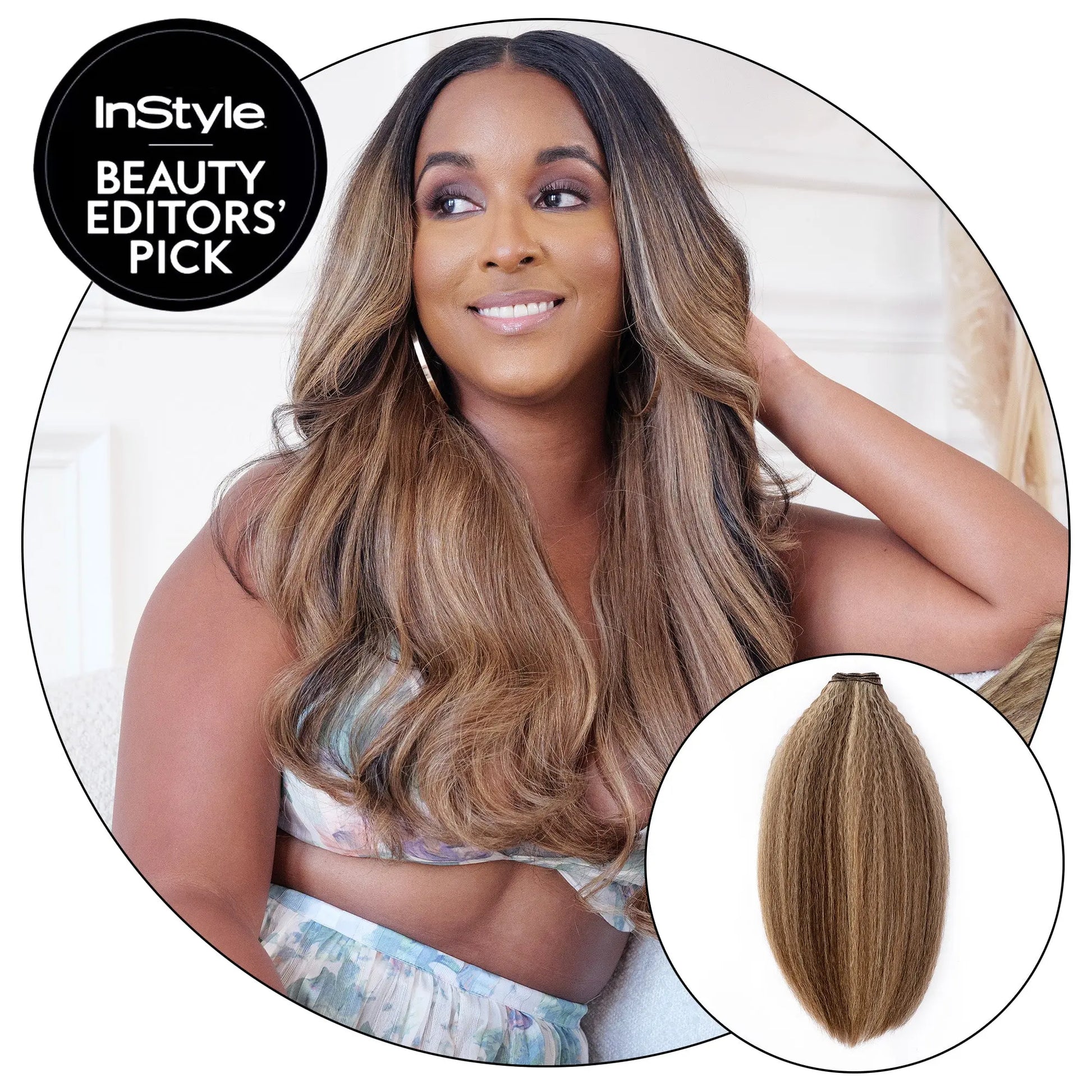 Blonde Brown 4/27 relaxed natural kinky true-to-texture hair extensions, featuring a pure textured finish with dimensional brown-to-blonde ombré on Black hair — an InStyle Beauty Editors’ Pick.