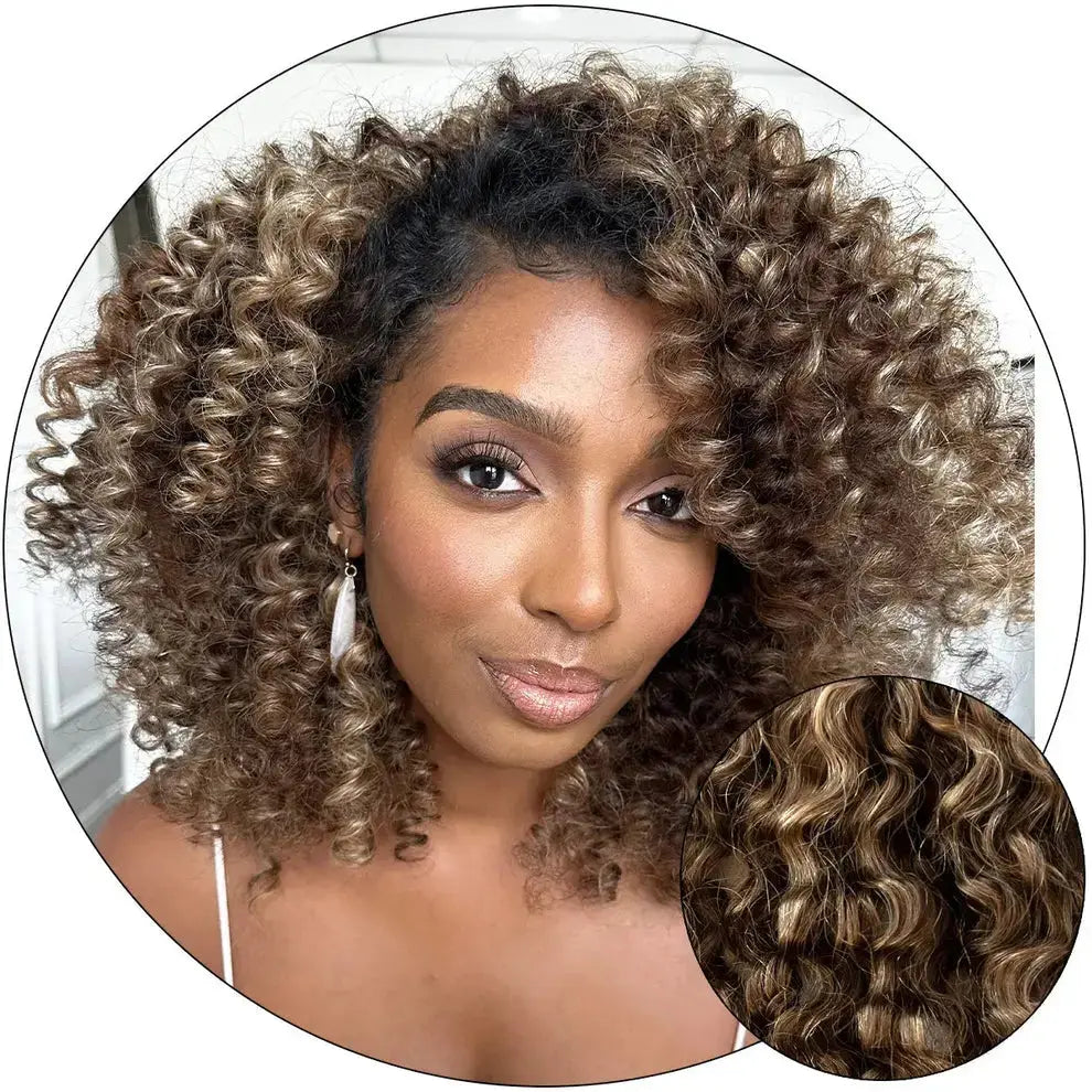 Sasha Curl Blonde Brown 4x4 lace closure with corkscrew curls, designed for 3b and 3c textured hair—natural-looking, hand-tied lace for curly hair styling and protective wear.