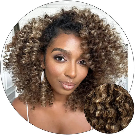 Sasha Curl Blonde Brown 4x4 lace closure with corkscrew curls, designed for 3b and 3c textured hair—natural-looking, hand-tied lace for curly hair styling and protective wear.