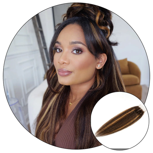 True and Pure Texture Brown Blonde 27/4 relaxed natural kinky straight hair lace closure styled on woman of color showing dimensional blonde highlights