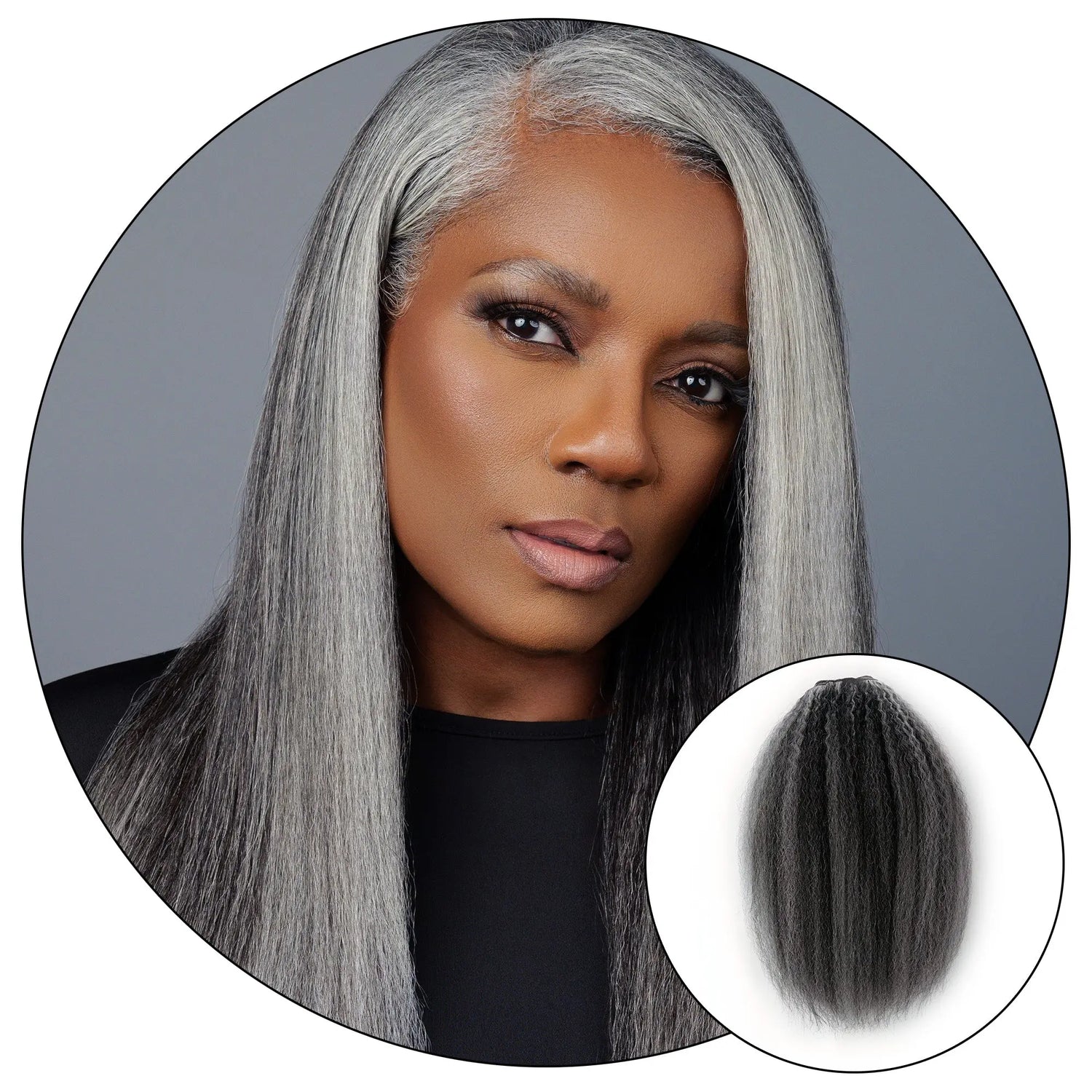Woman with gray hair styled in a sleek manner on a gray background True and Pure Texture Relaxed Natural Hair