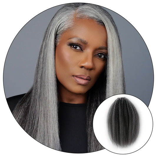 Woman with gray hair styled in a sleek manner on a gray background True and Pure Texture Relaxed Natural Hair