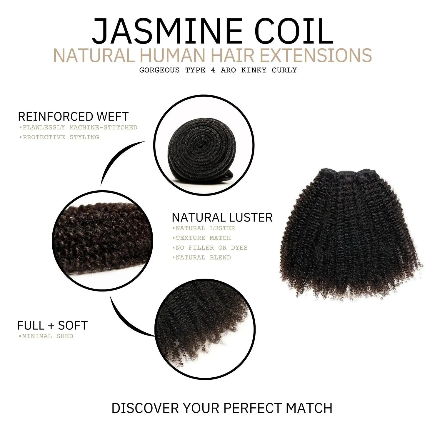 Jasmine Coil natural hair extensions, 4C kinky curly afro texture, clip-in style by True and Pure Texture