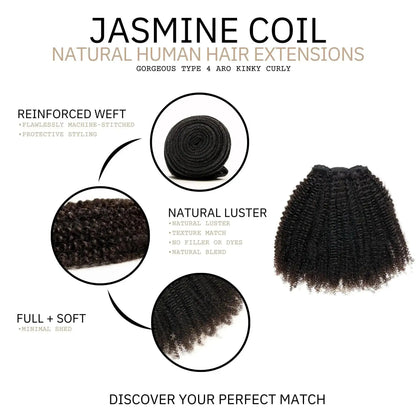 Jasmine Coil natural hair extensions, 4C kinky curly afro texture, clip-in style by True and Pure Texture