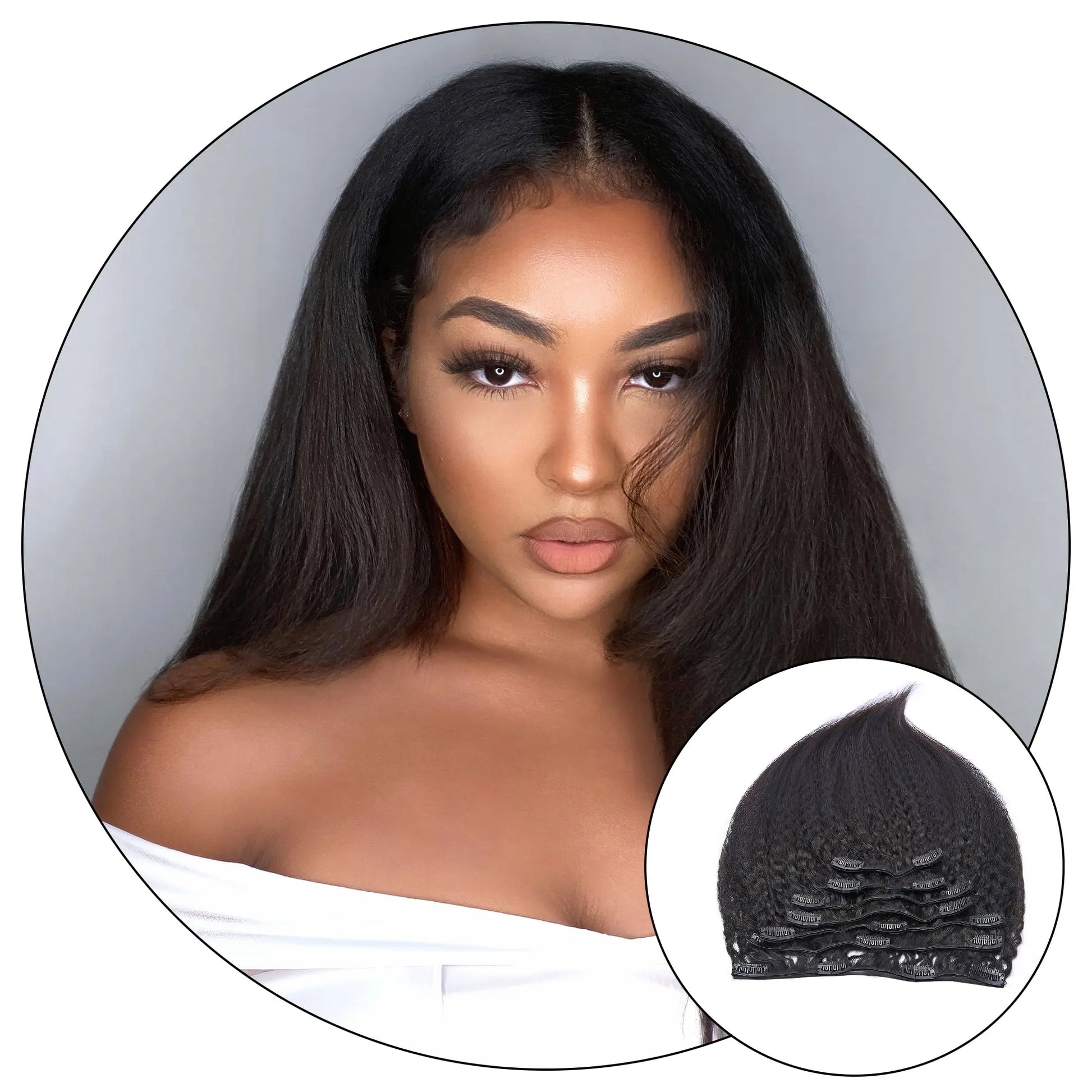 Relaxed Natural clip-in hair extensions in Natural Dark Brown, kinky straight blowout finish, shown as a full weft set by True and Pure Texture
