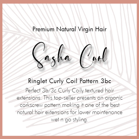 Perfect 3b/3c Curly Coily textured hair extensions. This top-seller presents an organic corkscrew pattern making it one of the best natural hair extensions for lower maintenance wet n go styling.  