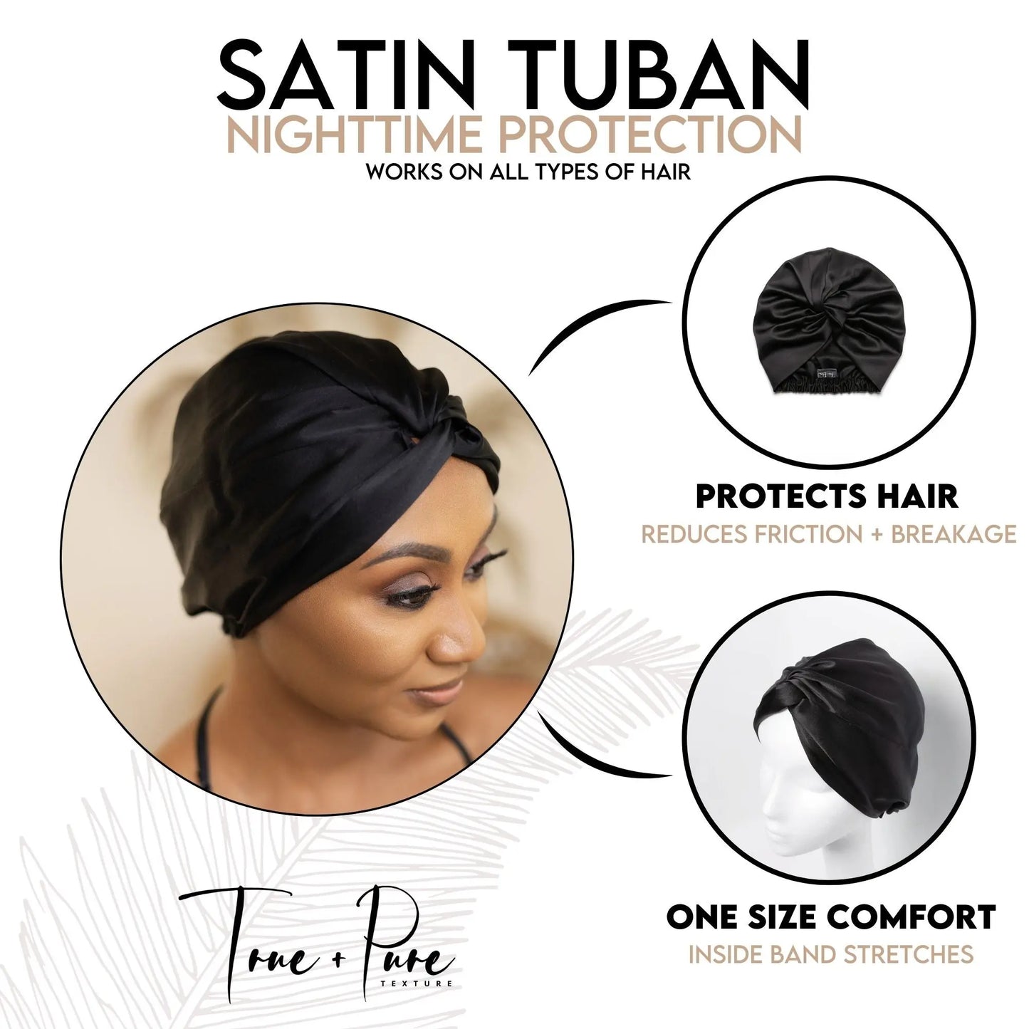 Satin hair turban designed for natural hair care, anti-frizz protection, and overnight moisture retention—ideal hair wrap for sleeping, preventing breakage, and preserving curly hairstyles.