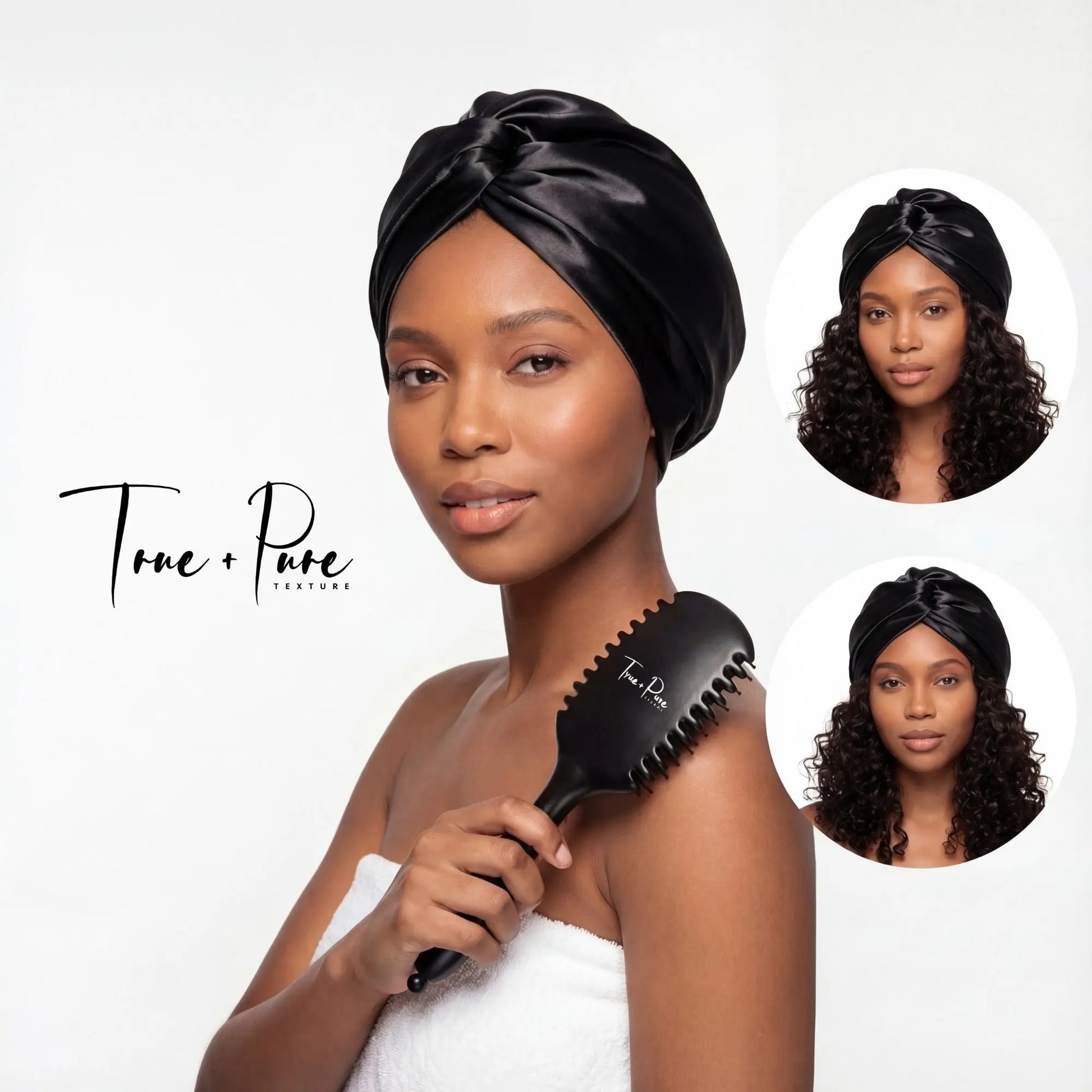 Satin hair turban designed for natural hair care, anti-frizz protection, and overnight moisture retention—ideal hair wrap for sleeping, preventing breakage, and preserving curly hairstyles.