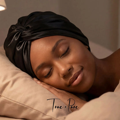 Satin hair turban designed for natural hair care, anti-frizz protection, and overnight moisture retention—ideal hair wrap for sleeping, preventing breakage, and preserving curly hairstyles.