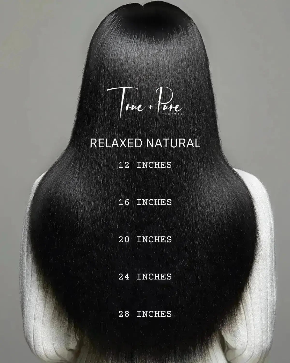 Black hair extensions with measurement chart on a gray background, featuring the brand 'True & Pure'.