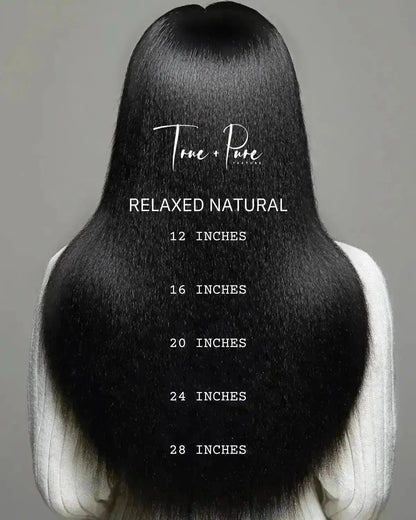 Black hair extensions with measurement chart on a gray background, featuring the brand 'True & Pure'.